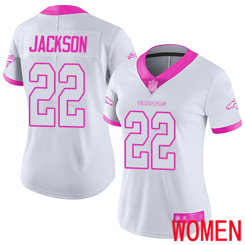Women Denver Broncos #22 Kareem Jackson Limited White Pink Rush Fashion Football NFL Jersey